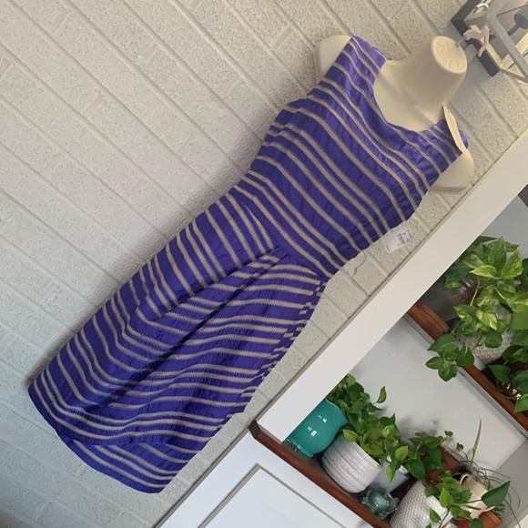 Lela Rose Silk Size 6 Dark Violet/Blue Striped Sleeveless Dress Faux Wrap Skirt - Picture 2 of 15
